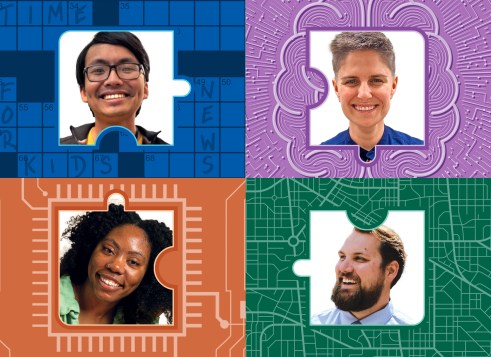Four adults smiling in puzzle-shaped frames on colorful backgrounds with patterns like a crossword, brain design, circuit board, and map.