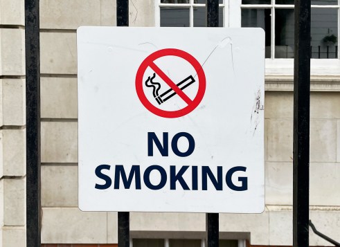 “No Smoking” sign attached to a black metal fence.